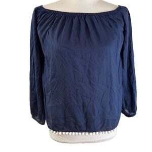 Lilly Pulitzer Womens Blouse Top Size XXS Off Shoulder Navy Pom Pom Hem Rayon